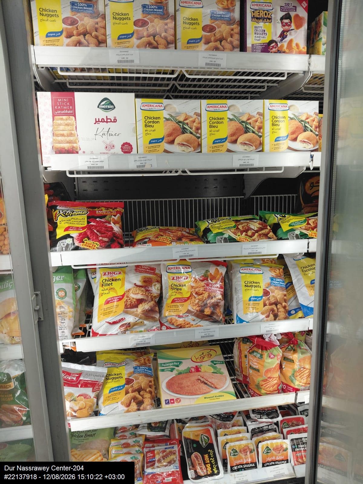Timestamped retail audit photograph showing multiple frozen-food brands in one display bay